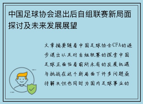 中国足球协会退出后自组联赛新局面探讨及未来发展展望