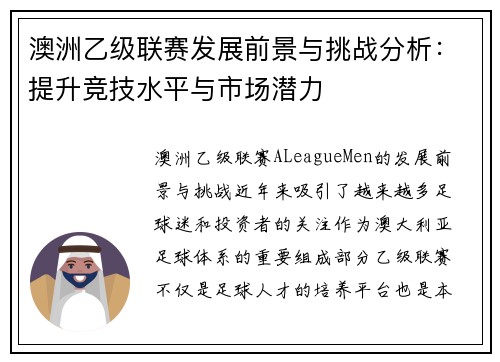 澳洲乙级联赛发展前景与挑战分析：提升竞技水平与市场潜力